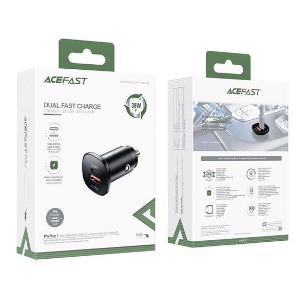 Автомобильное зарядное устройство ACEFAST B1 mini 38W(USB-C+USB-A) dual-port metal car charger 6974316280330 фото