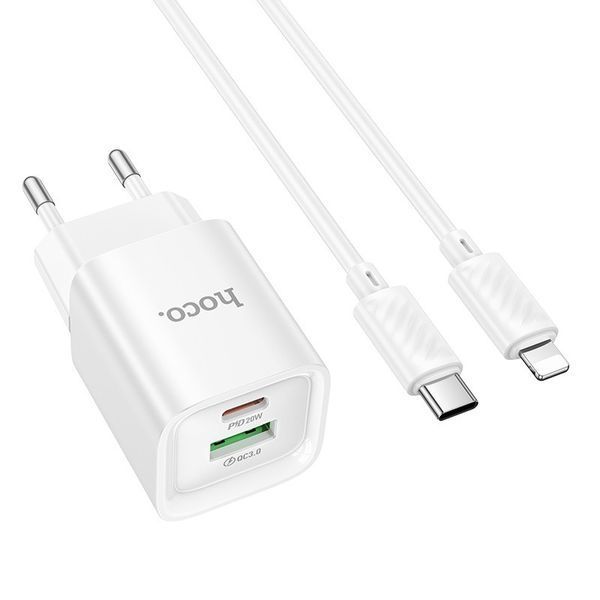 Сетевое зарядное устройство с кабелем HOCO C147A Charm PD20W+QC3.0 charger set (C to iP)(EU) White 6942007630283 фото