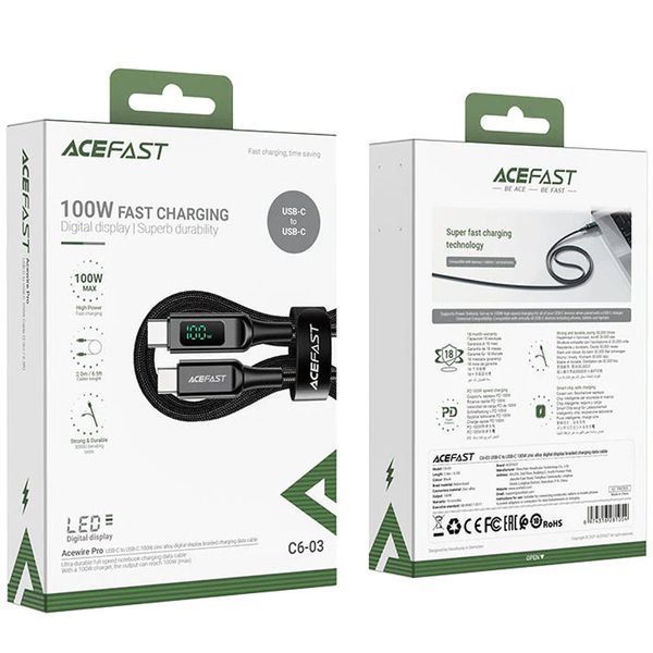 Дата кабель Acefast C6-03 Type-C to Type-C 100W digital display (2m) Black ILSO-00000065909-1 фото