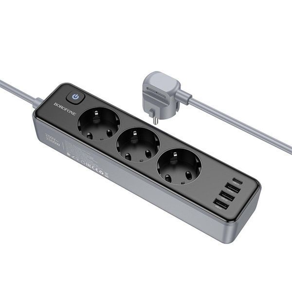 Мережевий подовжувач BOROFONE BAC8 Power 3-position socket(1C3A)(EU/GER)(L=2M) Black 656-03208 фото