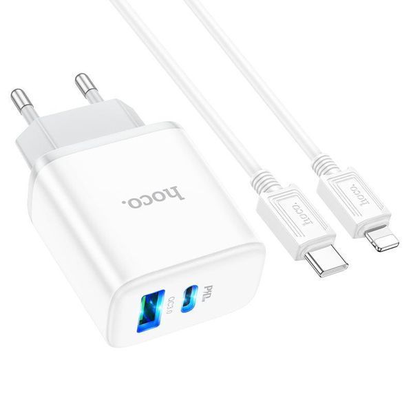 Мережевий зарядний пристрій з кабелем HOCO C105A Stage dual port PD20W+QC3.0 charger set (C to iP)(EU) White 6931474782939 фото