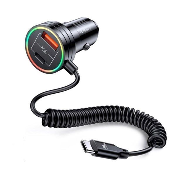 Автомобільний зарядний пристрій Usams US-CC167 C33 60W Car Charger With Spring Cable Black 656-00562 фото