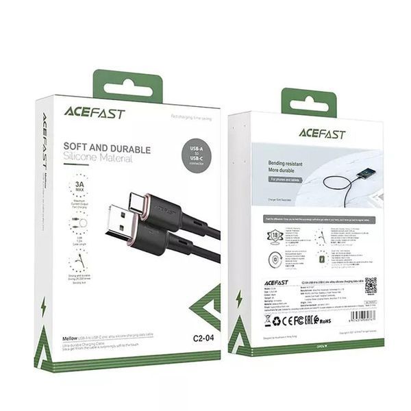 Кабель ACEFAST C2-04 USB to Type-C 3A, 1.2m, silicone, zinc connectors, Black 6974316280767 фото