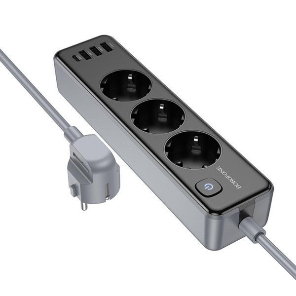 Мережевий подовжувач BOROFONE BAC8 Power 3-position socket(1C3A)(EU/GER)(L=2M) Black 656-03208 фото