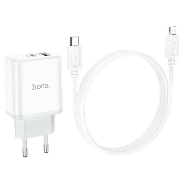 Мережевий зарядний пристрій з кабелем HOCO C105A Stage dual port PD20W+QC3.0 charger set (C to iP)(EU) White 6931474782939 фото
