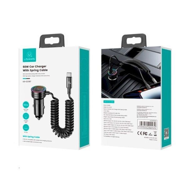 Автомобільний зарядний пристрій Usams US-CC167 C33 60W Car Charger With Spring Cable Black 656-00562 фото