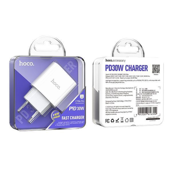 Мережевий зарядний пристрій HOCO C76A Pro Majestic single port PD30W charger White 6942007616300 фото