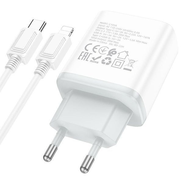 Мережевий зарядний пристрій з кабелем HOCO C105A Stage dual port PD20W+QC3.0 charger set (C to iP)(EU) White 6931474782939 фото