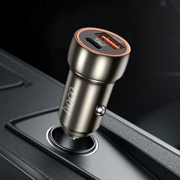 Автомобильное зарядное устройство HOCO Z46A Blue whale PD20W+QC3.0 car charger set(C to iP) Metal Gray 209-00287 фото