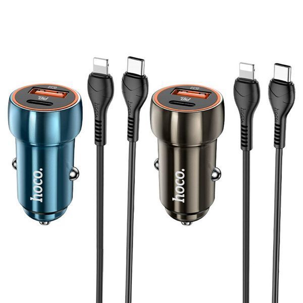 Автомобильное зарядное устройство HOCO Z46A Blue whale PD20W+QC3.0 car charger set(C to iP) Metal Gray 209-00287 фото