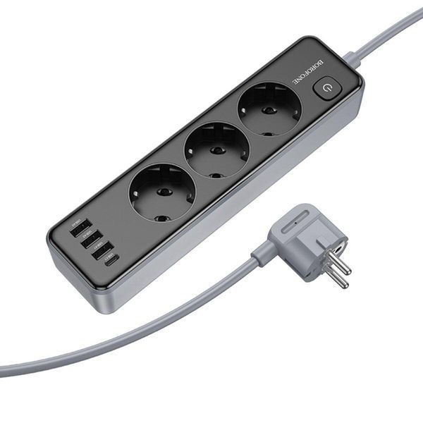 Мережевий подовжувач BOROFONE BAC8 Power 3-position socket(1C3A)(EU/GER)(L=2M) Black 656-03208 фото