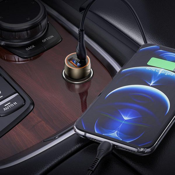 Автомобильное зарядное устройство HOCO Z46A Blue whale PD20W+QC3.0 car charger set(C to iP) Metal Gray 209-00287 фото