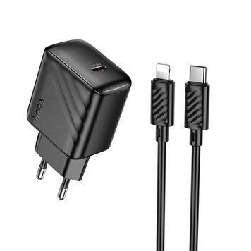 Сетевое зарядное устройство с кабелем HOCO CS24A Puerto single-port PD25W charger set (C to iP)(EU) Black 6942007639767 фото