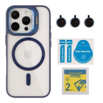 Чехол TPU+PC+Metal Stand Case with MagSafe and Camera Lenses для iPhone 16 Pro Dark Blue 214-03733 фото