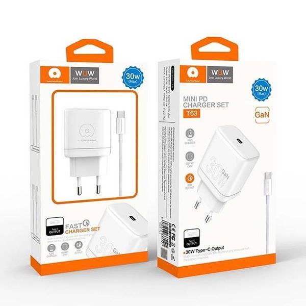 Комплект швидкого заряджання WUW T63 GaN TYPE-C PD 30W + USB кабель Type-C - Type-C Білий 209-00301 фото