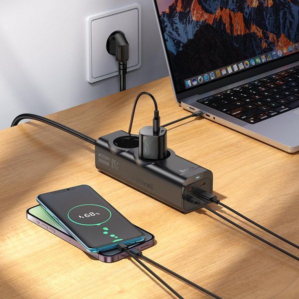 Мережевий подовжувач HOCO NS10 Wisdom 2-position (PD67W/3C1A) desktop socket (EU/GER) Black 656-03209 фото