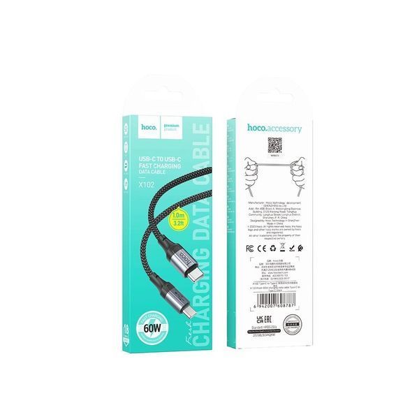 Кабель HOCO X102 Type-C to Type-C 3A, 1m, nylon, aluminum connectors, Black 6942007608787 фото