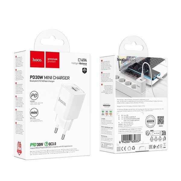 Мережевий зарядний пристрій HOCO C149A Charm PD30W+QC3.0 charger (EU) White 6942007630337 фото