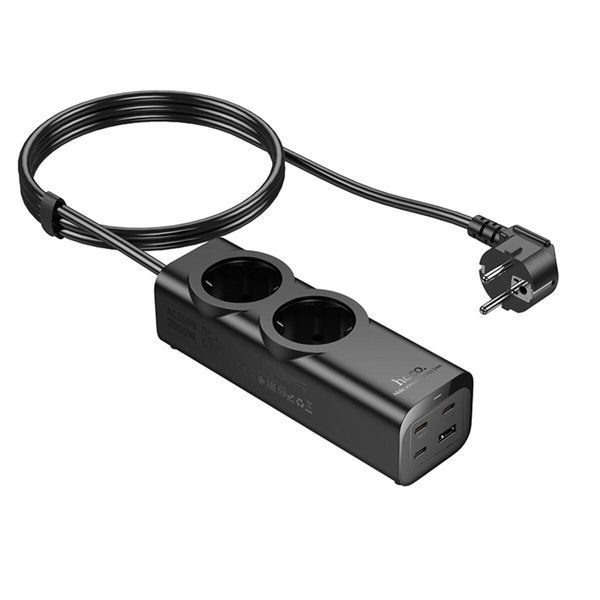 Мережевий подовжувач HOCO NS10 Wisdom 2-position (PD67W/3C1A) desktop socket (EU/GER) Black 656-03209 фото