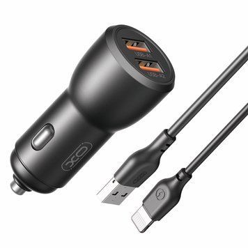 Автомобільний зарядний пристрій XO CC55 QC18W+USB12W + Lightning кабель чорний XO-CC55+L фото