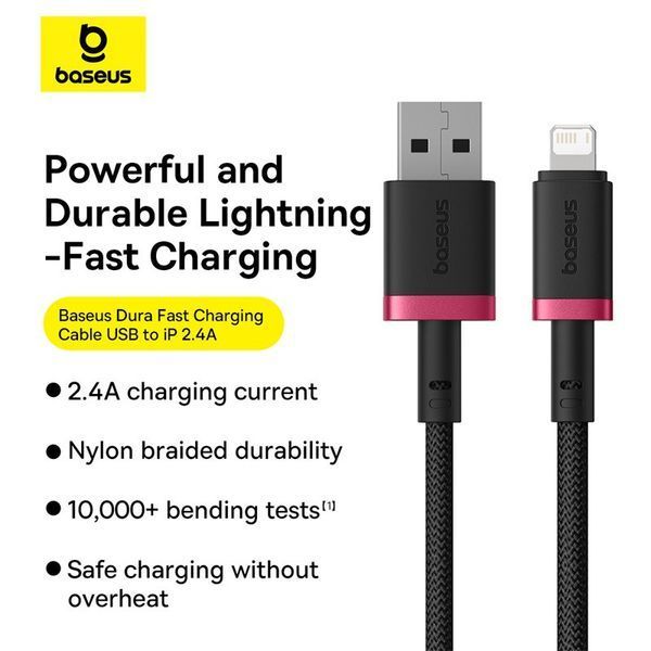 Кабель Baseus Dura Series Fast Charging Cable USB to iP 2.4A 1m Red+Black P10377801U01-01 фото