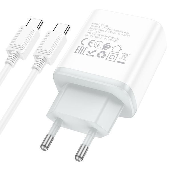 Мережевий зарядний пристрій з кабелем HOCO C104A Stage single port PD20W charger set (Type-C to Type-C) (EU) White 6931474782915 фото