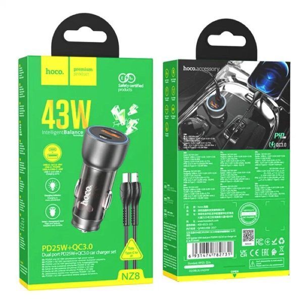Автомобільний зарядний пристрій HOCO NZ8 Sprinter 43W dual port PD25W+QC3.0 car charger set(C to iP) Brown 656-00324 фото