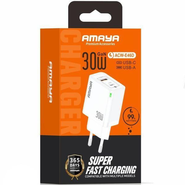 Мережевий зарядний пристрій Amaya E46D PD30W+QC3.0 GaN (1USB-A/1C) white 656-08061 фото