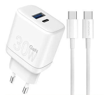 Комплект быстрой зарядки WUW T64 GaN USB 18W TYPE-C PD 30W + USB кабель Type-C - Type-C Белый 209-00302 фото