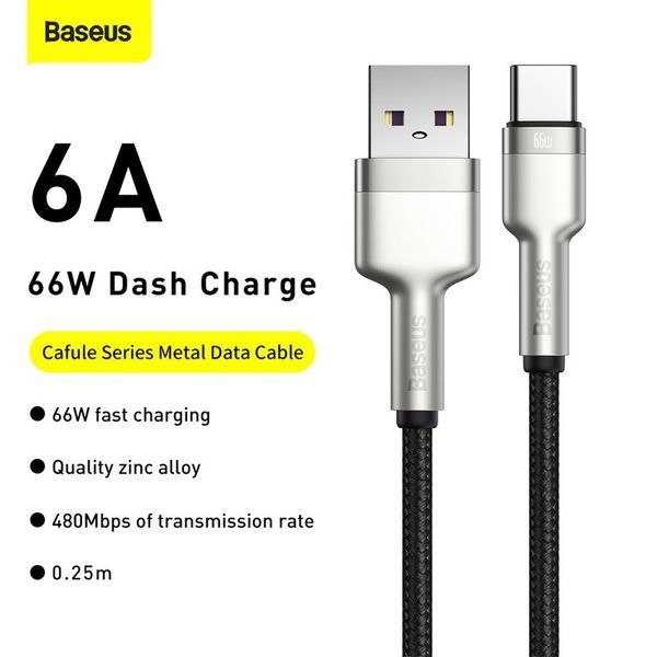 Кабель Baseus Cafule Series Metal Data Cable USB to Type-C 66W 0.25m Black CAKF000001 фото