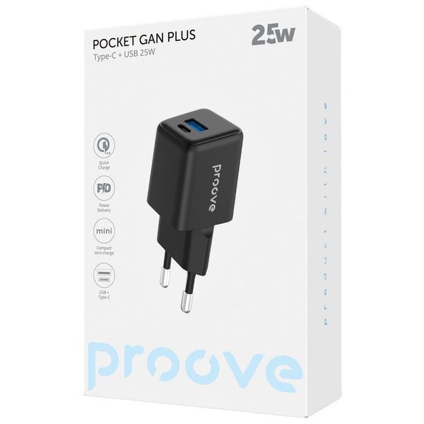 Мережевий зарядний пристрій Proove Pocket GaN Plus 25W (Type-C + USB) black 656-02619 фото