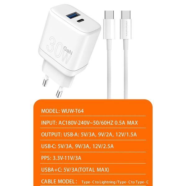 Комплект быстрой зарядки WUW T64 GaN USB 18W TYPE-C PD 30W + USB кабель Type-C - Type-C Белый 209-00302 фото