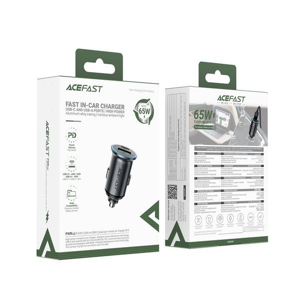 Автомобильное зарядное устройство ACEFAST B15 65W (USB-A+USB-C) dual port metal car charger 6974316284963 фото