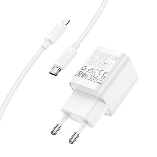 Мережевий зарядний пристрій з кабелем HOCO C146A Charm single port PD20W charger set (C to iP) (EU) White 6942007630252 фото