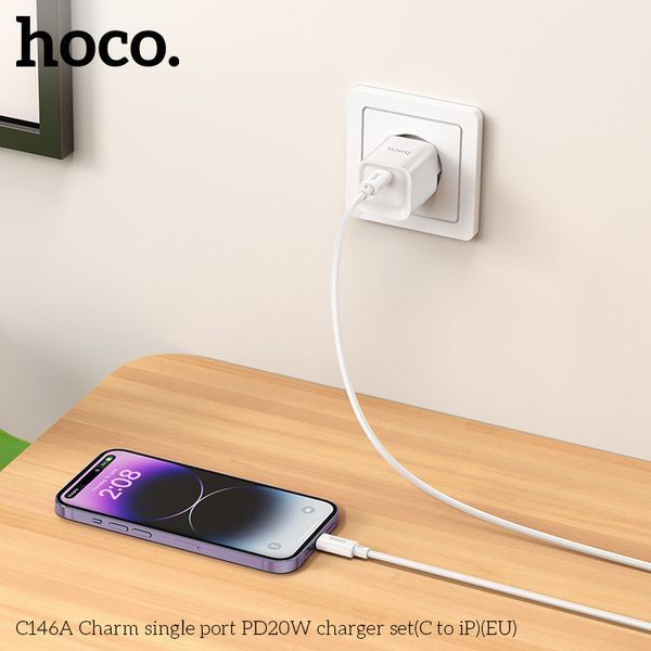 Мережевий зарядний пристрій з кабелем HOCO C146A Charm single port PD20W charger set (C to iP) (EU) White 6942007630252 фото