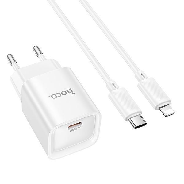 Мережевий зарядний пристрій з кабелем HOCO C146A Charm single port PD20W charger set (C to iP) (EU) White 6942007630252 фото