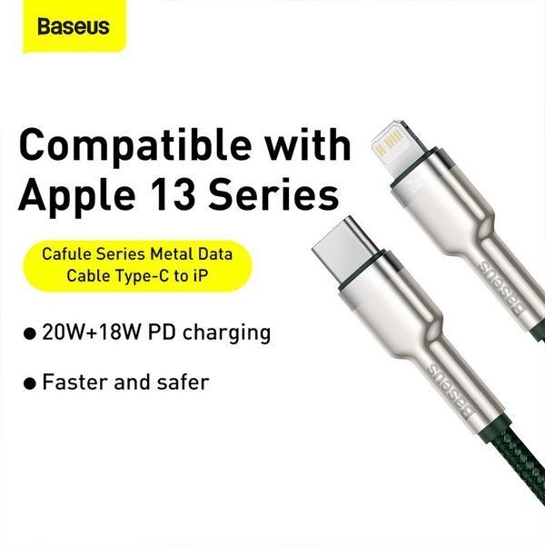 Кабель Baseus Cafule Series Metal Data Cable Type-C to iP PD 20W 1m Green CATLJK-A06 фото