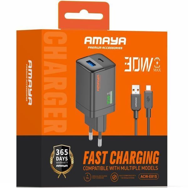 Сетевое зарядное устройство Amaya E81S PD30W+QC3.0 (1USB-A/1C) + кабель USB to Type-C Black 656-08080 фото