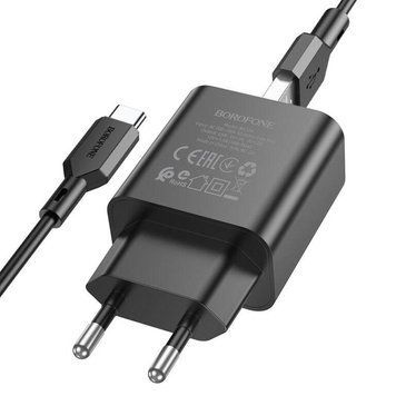 Сетевое зарядное устройство с кабелем BOROFONE BA72A Spring single port QC3.0 charger set(Type-C) 18W Black 6974443388589 фото