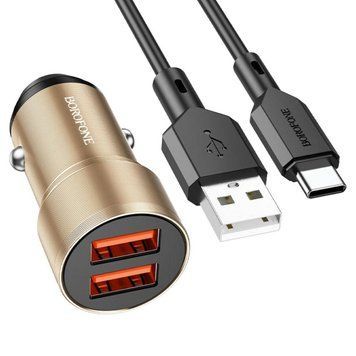 Автомобільний зарядний пристрій BOROFONE BZ19 Wisdom dual port car charger set(Type-C) Gold 656-00293 фото