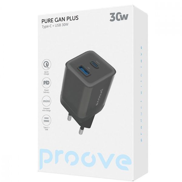 Мережевий зарядний пристрій Proove Pure GaN Plus 30W (Type-C + USB) black 656-02621 фото