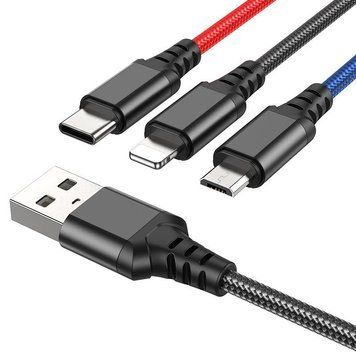 Кабель HOCO X76 USB to iP+Type-C+Micro 2A, 1m, nylon, aluminum connectors Black+Red+Blue 6931474768636 фото