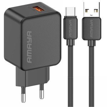 Сетевое зарядное устройство Amaya E111U QC3.0 18W (1USB-A) + кабель USB to Type-C Black 656-08082 фото
