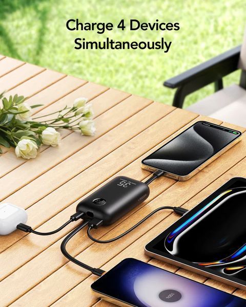 Зовнішній акумулятор VEGER 10000 mAh with built-in cables Type C / Lightning PD QC3.0 35W K1 (W1188) Black 216-00139 фото