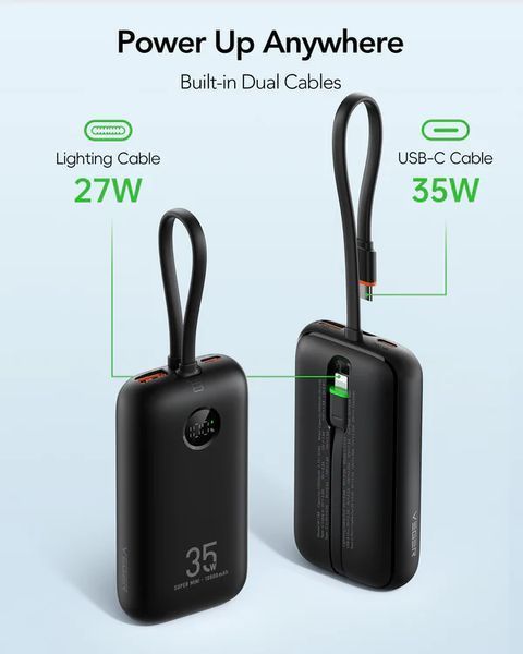 Зовнішній акумулятор VEGER 10000 mAh with built-in cables Type C / Lightning PD QC3.0 35W K1 (W1188) Black 216-00139 фото