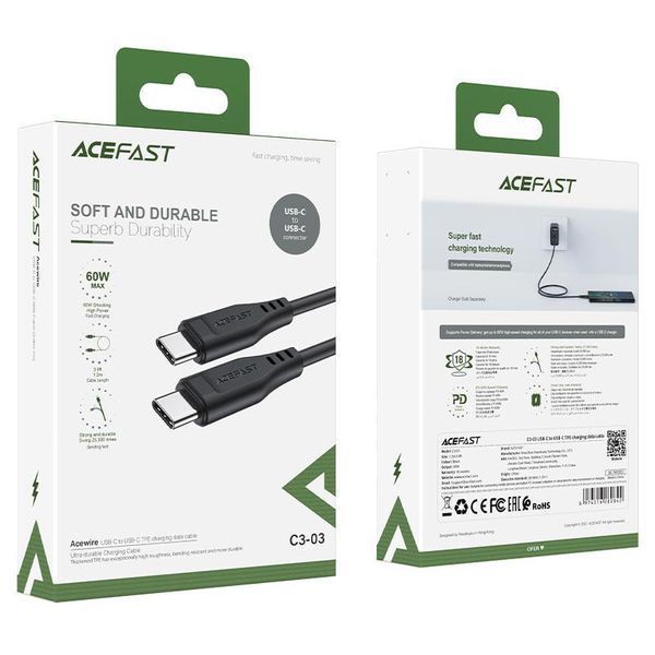 Кабель ACEFAST C3-03 Type-C to Type-C 3A, 60W, 1.2m, TPE, TPE connectors, Black 6974316280842 фото