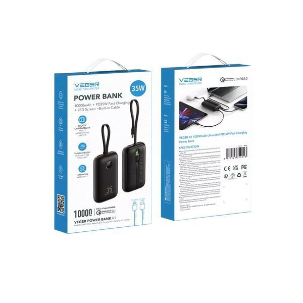 Зовнішній акумулятор VEGER 10000 mAh with built-in cables Type C / Lightning PD QC3.0 35W K1 (W1188) Black 216-00139 фото