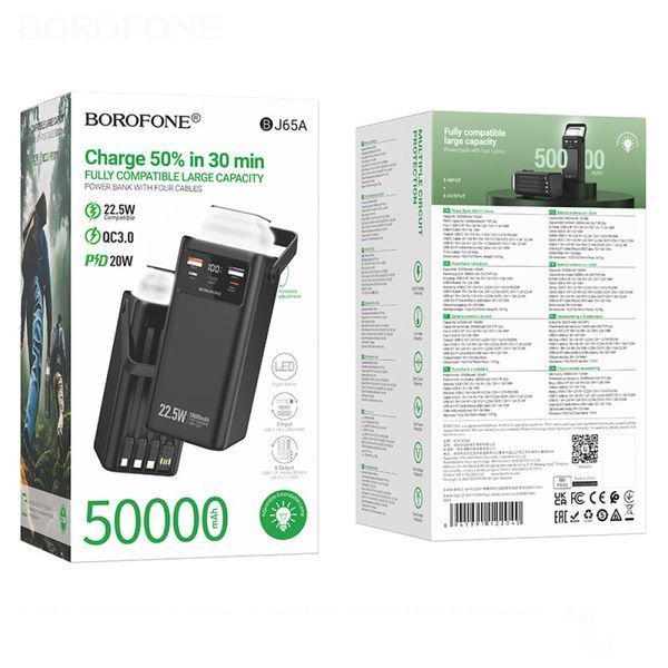 Power Bank Borofone BJ65A Velocity 50000mAh PD20W+22.5W (with cable Type-C, Micro, Lightning, USB) Black 216-00181 фото