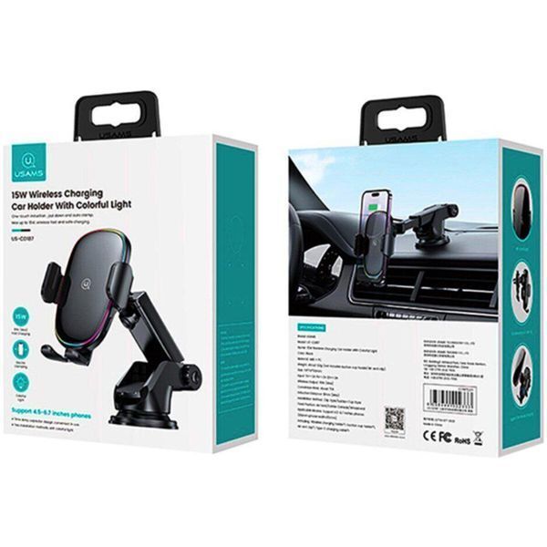 Держатель для мобильного Usams US-CD187 15W Wireless Charging Car Holder With Colorful Light 656-00508 фото
