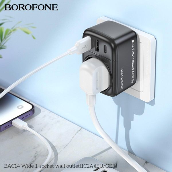 Мережевий фільтр BOROFONE BAC14 Wide 1-socket wall outlet (1C2A) (EU/GER) Black 656-03213 фото